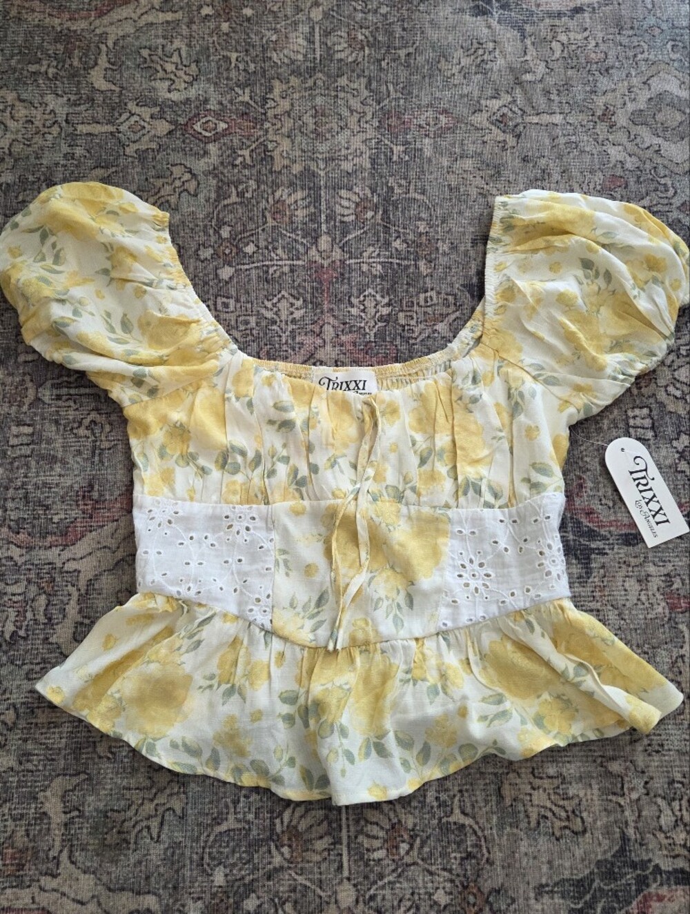 Trixxi Yellow Floral Puff Sleeve Peplum Blouse